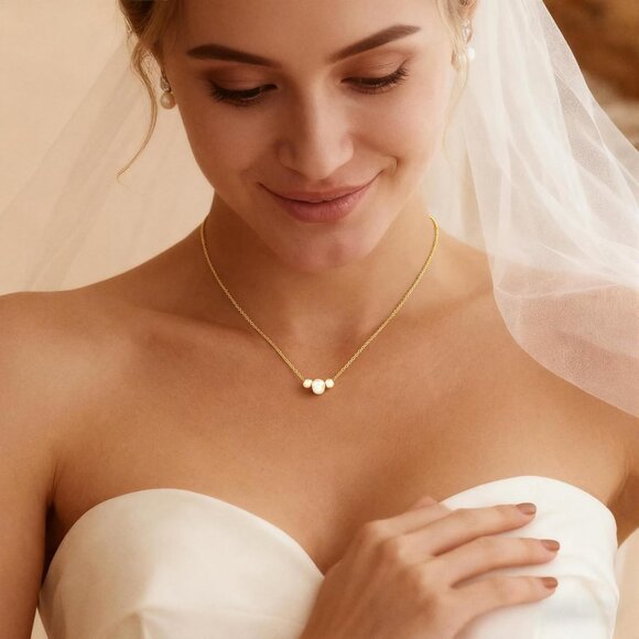 Women's 3 Gold Pearl Necklace 14k Gold Plated Dainty Pearl Necklace Choker - Picture 4 of 7